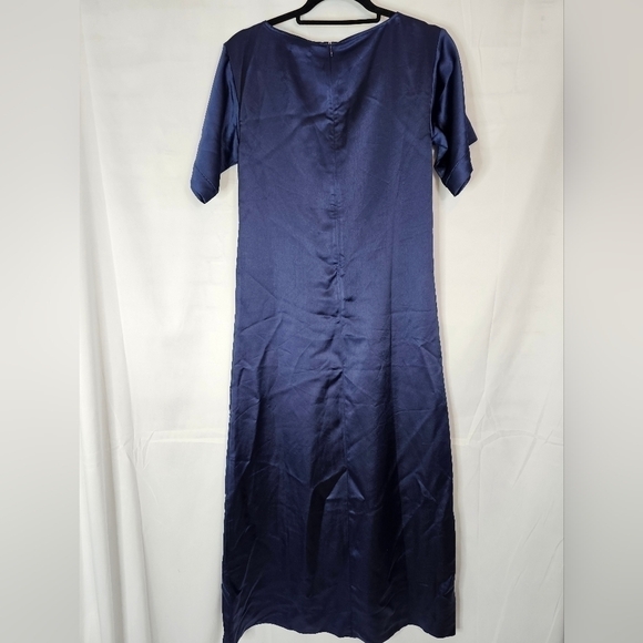 Atm size Small navy short-sleeve satin slip A-line dress midi NWT - Picture 5 of 6